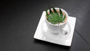 White cup of coffee topped with a fresh hemp leaf on a black table, symbolizing water soluble CBD-infused beverages.