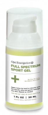cbd_sports_gel Ojai Energetics Full Spectrum Sport Gel, organic CBD product with 100 mg in each 30 ml bottle, no soy, no carbs, non-GMO, gluten-free, designed for topical application to support muscle recovery.