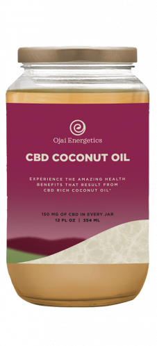 coconut-oil Jar of Ojai Energetics CBD Coconut Oil, labeled with information about health benefits and CBD content, emphasizing organic and quality-focused product features.