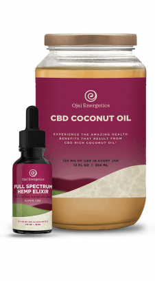 front Ojai Energetics products featuring a jar of CBD Coconut Oil and a bottle of Full Spectrum Hemp Elixir, emphasizing organic and quality CBD options.